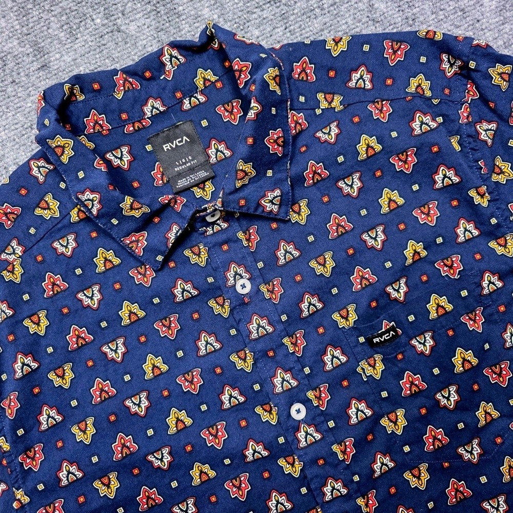 RVCA Mens Large Regular Fit Navy Blue Geometric Floral Short Sleeve Button Shirt